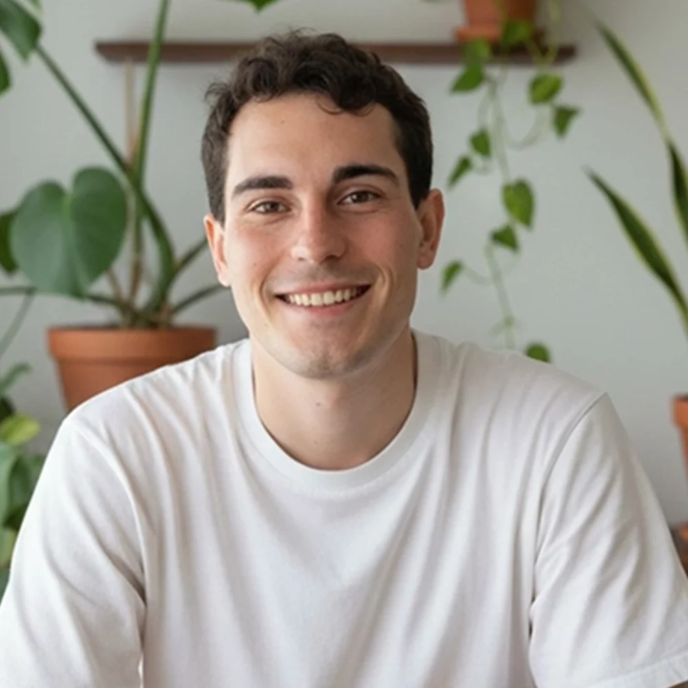 Joven sentado entre plantas verdes.